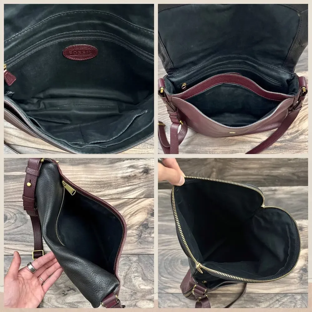 Fossil Leather Zipper Crossbody Shoulder Satchel Saddle Bag Black Burgundy - Picture 14 of 14